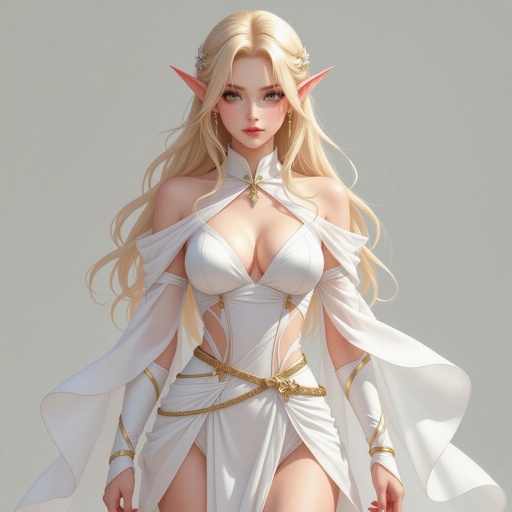 A Strawberry Blonde High Elf Assassin in a tight white see through organza outfit she is very clumsy