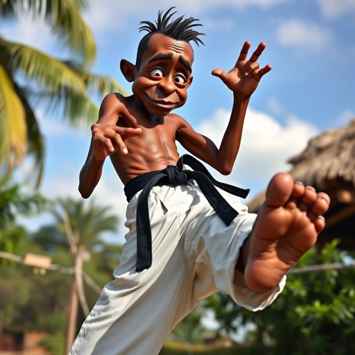 Create a character who looks like a funny African karate guy who doesn’t have a clue what he is doing. Make him have weird toes, only speedos on and a black karate belt. Make him tal skinny and slinky.