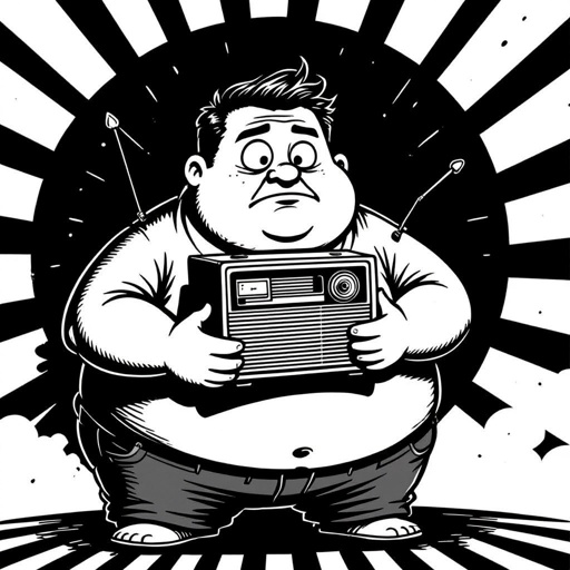 Create a funny fat guy who is has a book box radio 