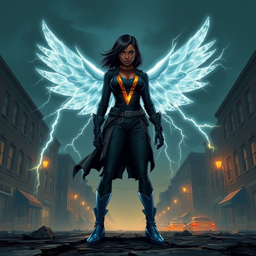 African American female superhero with shoulder length hair in a side part style and wings made of white lightning wearing a slightly homemade white blue and black suit with black pants with a stylized V as her chest emblem wearing blue flat boots made of gold standing in Philadelphia at dusk