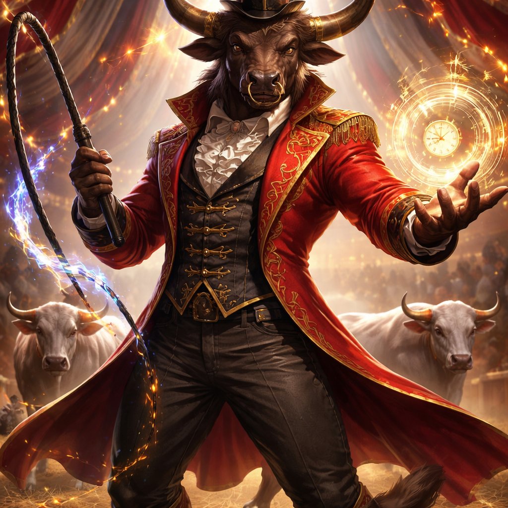 A male medium brown Minotaur with brown eyes that has a well~proportioned figure that works at freak show as the ringmaster. That has abilities of Reality Rejection, Time Manipulation (Chronokineses), Zoolingualism (Language of Cattle only), Human Speech. He’s basically a hybrid with his mother being a human with half-animal (Cretan bull) physiology and his father a Cretan Bull.