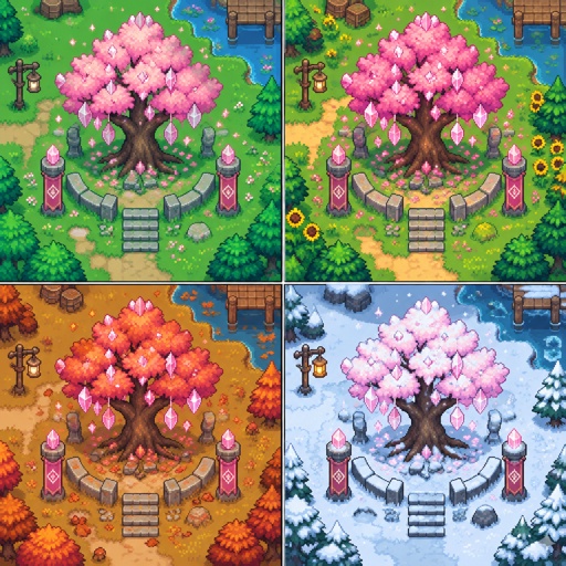 Crystal Cherry Tree pink blossoms with little magical sparkles, for a fantasy game set in modern times, in all the seasons, top down style,