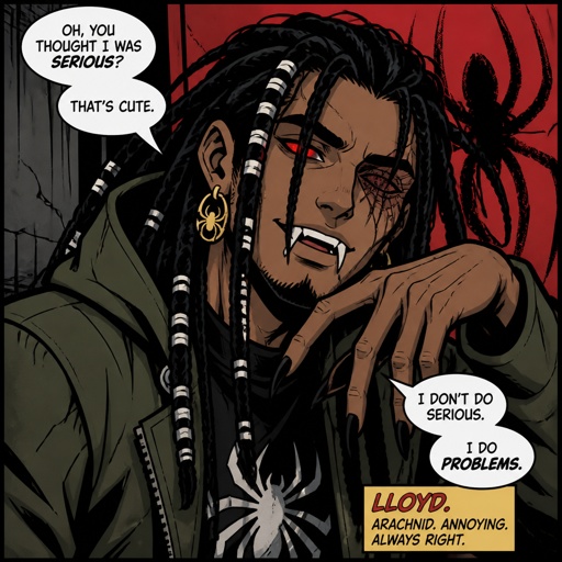 Anime male,name is Lloyd,hair messy long braided black hair with white stripes,clean shaven,highly skilled,in late 20s,migraines,sarcastic,red glowing eyes,one eye is severely damaged,serious face,been unwillingly experiment on for many years until finally found and rescued ,has power of a spider and control spiders make traps poison and crawl on walls and ceiling dangerous,glasses,wears a loose jacket a nice fully covered shirt ,loves spiders, nice big earrings,a tattoos on left that means arachnid and on right arm a tattoo that says sub 389,doesn't remember anything from his past except the experiments, long scary fingers, spider fangs, traumatized,special agency is keeping an eye on him. Lloyd and a scientist having a conversation, scientist “do you know where you originally lived or any relatives” Lloyd “no… but why does that matter know? Who cares I don’t,there’s no point, I wouldn’t be recognized by them anyway”scientist”you don’t care to find out who you are?” Lloyd “no…I don’t” scientist “what else do you remember?” Lloyd staring of in the distance with a small look of fear in his eyes says “only the experiments”as a comic