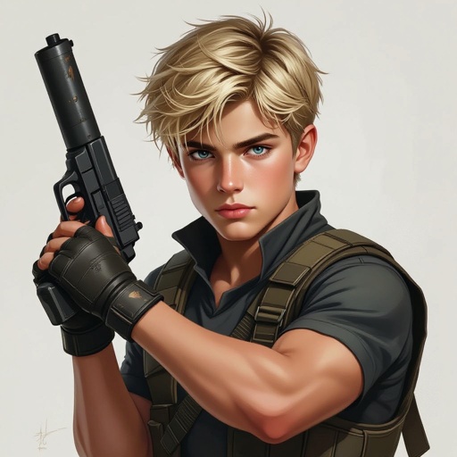 Dirty Blonde short hair teenage boy with dark training outfit on and a training hand used weapon 