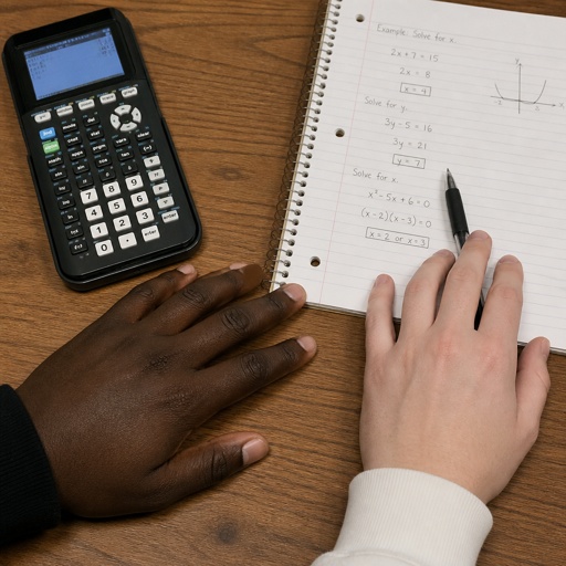 A black hand and a white hand on a math desk