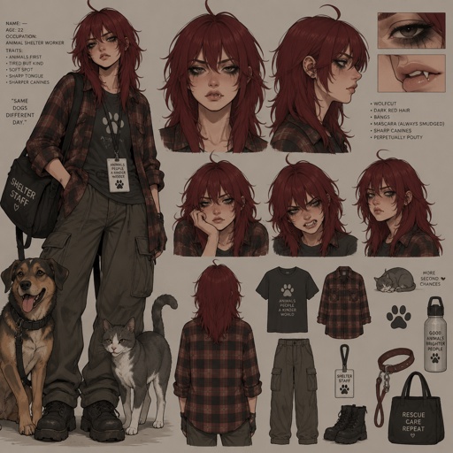 Female, straight wolfcut dark red hair, bangs, strand of hair sticking up on top of head, flannel, dark mascara under eyes, sharp canines, pouty, works in an animal shelter, concept,