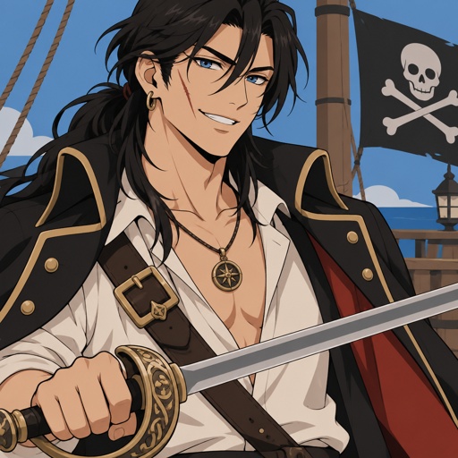 Male, Asian, black long hair with side bangs on one side, blue eyes, ear piercing, scar on face, pirate clothes, coat hangs on shoulders, sword, smile, necklace