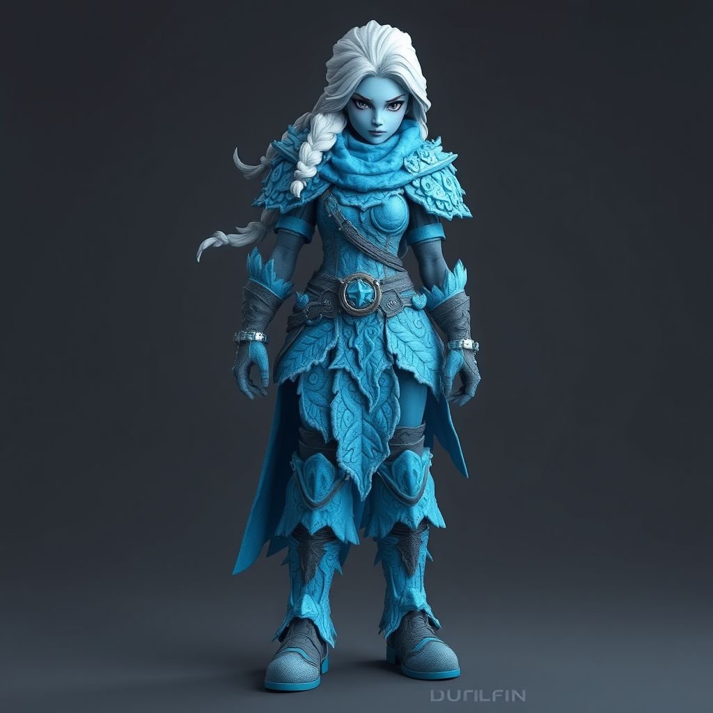 Create a battle woman hero called Alvara the Frostheart. Show full body head to toe including shoes