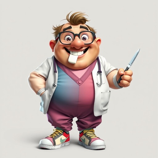 create a fat doctor. Who is funny human looking from head to toe. And he always immediately results to surgery for anything even small things. So please be sure to show his whole outfit head to toe. Make him have 1 tooth