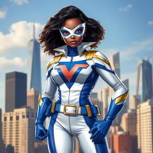 A teenage African American female superhero wearing a domino style mask with slightly curly hair in a shoulder length side part style wearing a polyester and leather White and blue suit with gold accents blue pants and a stylized V as her chest emblem a utility belt and blue boot heel less standing in Philadelphia