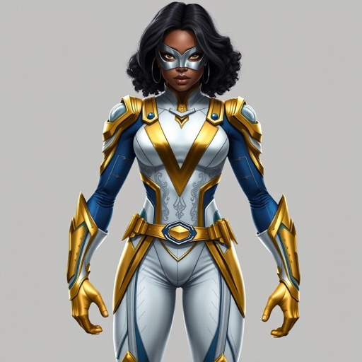 A teenage African American female with shoulder length curly hair  in a side part style superhero  wearing a MASK and a slightly armored white and gold suit with white pants and blue accents and a stylized V as her chest emblem a utility belt and gold boots