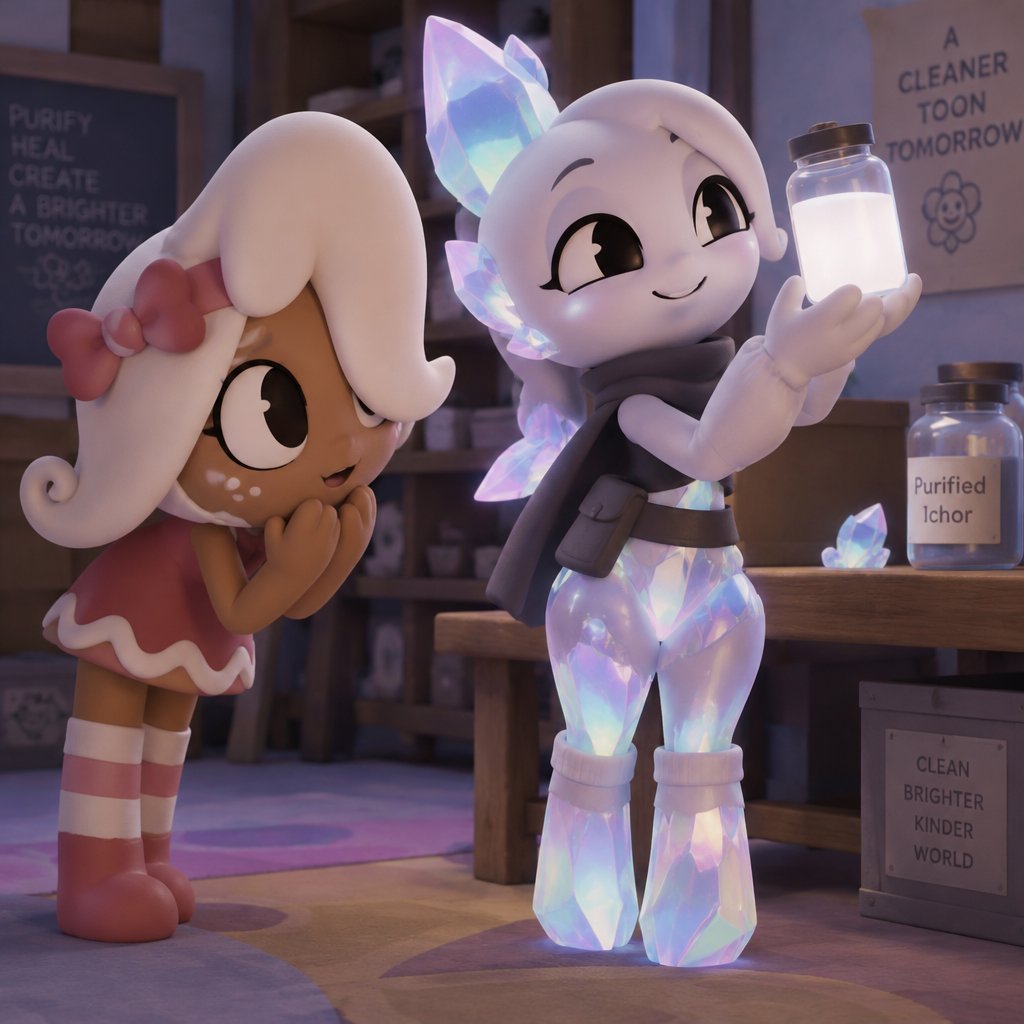 Ginger from Dandy’s world watching my dandy’s world Oc and summer main Crafter the Opalite shard who happens to be Gingers love showing her white Ichor aka Purified Ichor and Ginger notices that her legs and hips and waist are Opalite and the tops of her socks have Opalite crystals on them but she doesn’t mind