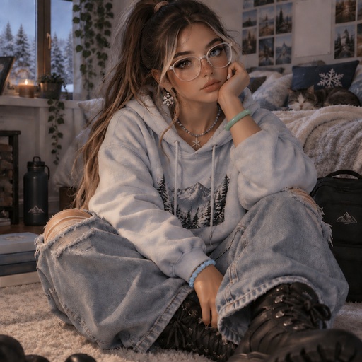 a woman sitting on the floor wearing glasses