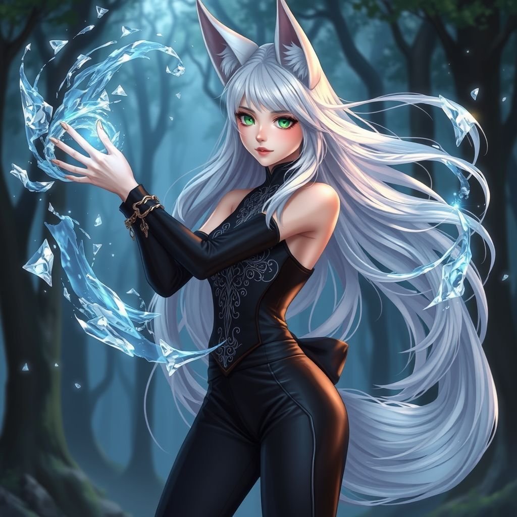 A teenage girl with pale skin and emerald eyes wearing black royal top and trousers with long white hair and small fox ears conducting ice