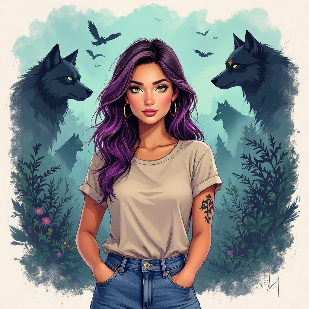 Appearance: • Tan skin, long beautiful hair with purple highlights, and striking green eyes. • A birthmark on her left arm shaped like a werewolf symbol, hinting at her hidden nature. • Wears practical clothes but makes them look pretty. • Always wears gold hoop earrings.