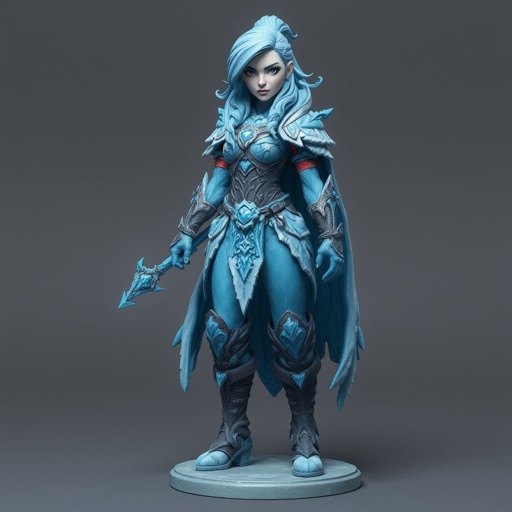 Create a battle woman hero called Alvara the Frostheart. Show full body head to toe including shoes