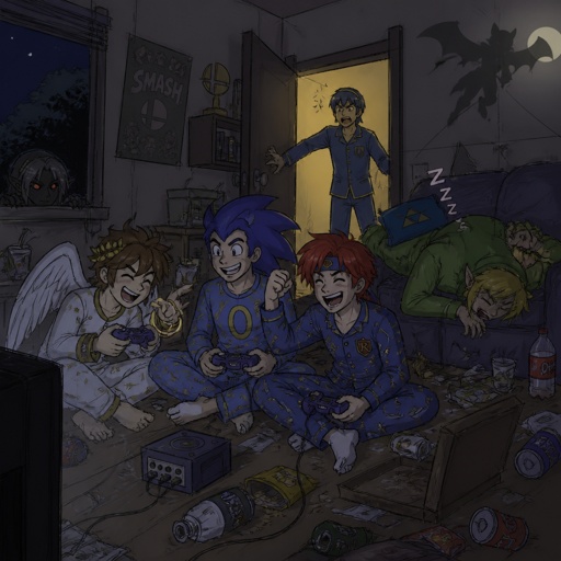 Super smash brothers link from legend of Zelda, pit from kid Icarus, and sonic the hedgehog as a human,Marth from fire emblem,Roy from fire emblem, Roy pit and human sonic all in pjs playing a video game in the living room on the floor laughing and being loud in the middle of the night, link past out snoring, and Marth coming into the living room wearing pjs yelling at them saying “it’s 4 o’clock in the morning go to bed!” Then Roy says back to Marth “ come on Marth it’s a sleep over we’re just in joying it as much as possible, put headphones on if it’s that bad” Marth looks at Roy with a very angry face,there is dark link peaking through the window and a shadow of rouge the bat from sonic flying far off in the background 