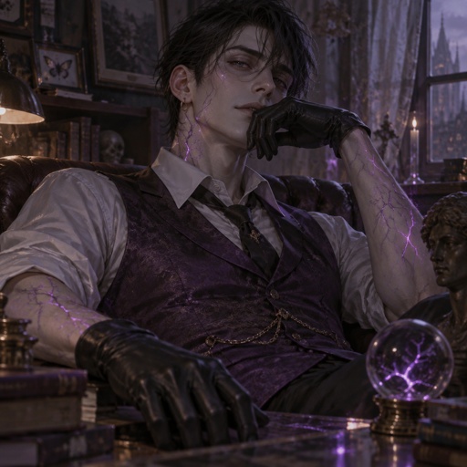 Male, slim, slight eye bags, black messy hair, back hair, brushed side hair, strands of hair in the middle of forehead, ear piercing ring, gloves, purple glowing veins, purple vest, white shirt, no facial hair, bad guy, mid 30s