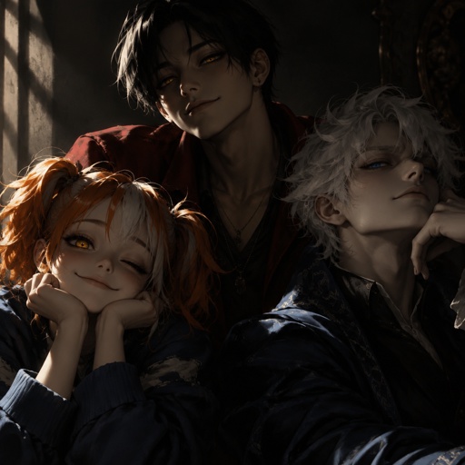 Female, smile, yellow eyes, orange and white messy pigtails, short, wears blue, one droopy eyelid, Male, smile, Asian, neck length black hair, yellow eyes, eyeliner, wears red casual clothes, small mouth, Male, fluffy white hair, big blue eyes, long smile, snobby, wears blue,irritated 