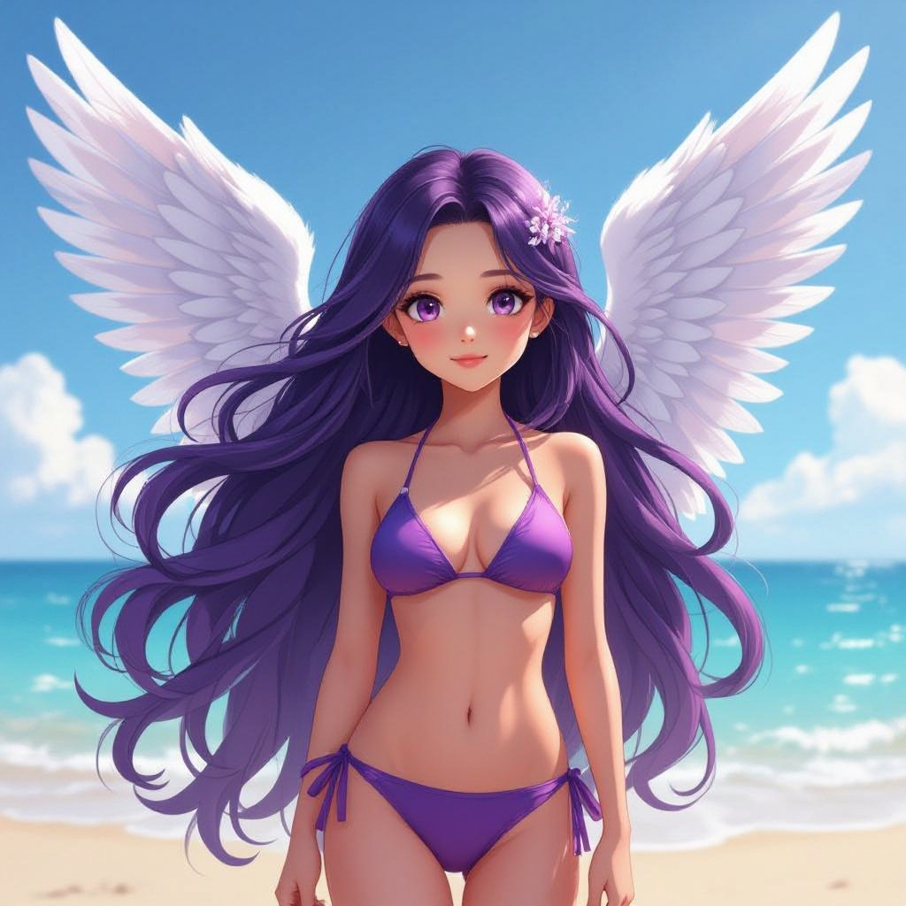 A girl with amethyst hair and white wings in a bikini 