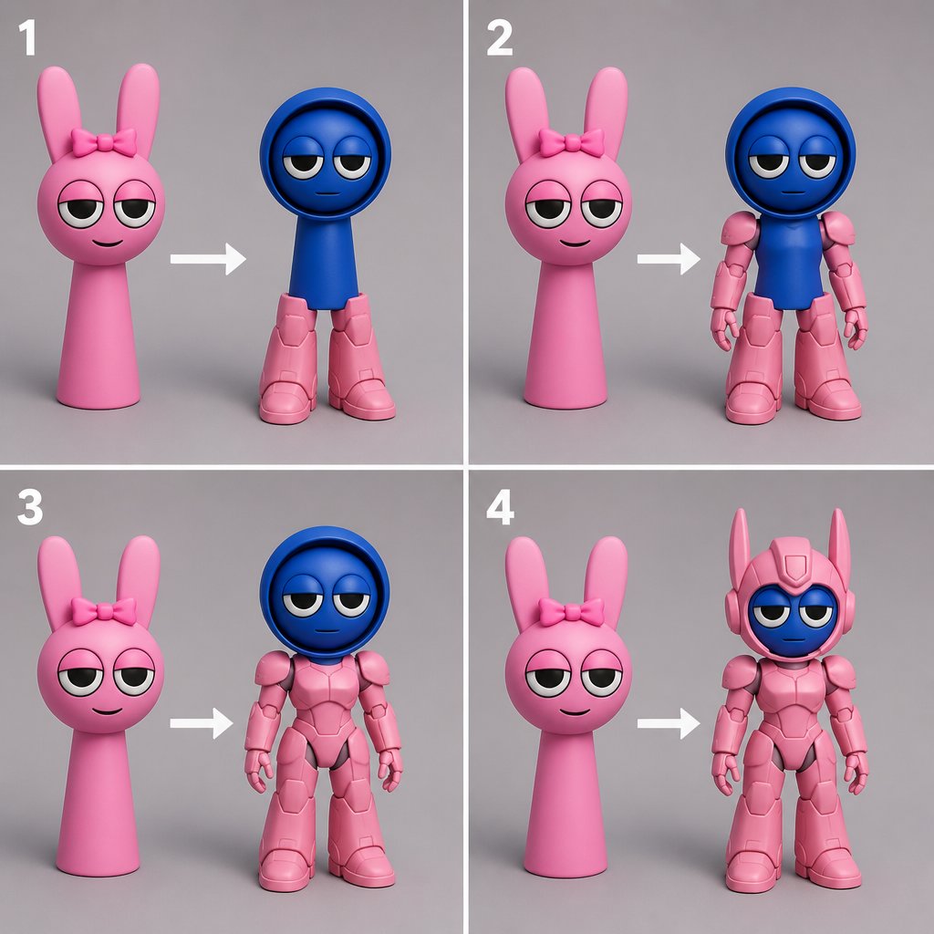 Pinki from Sprunki as Elita One merging her legs onto Jevin from Sprunki and then her arms and then her Body and lastly her head and helmet