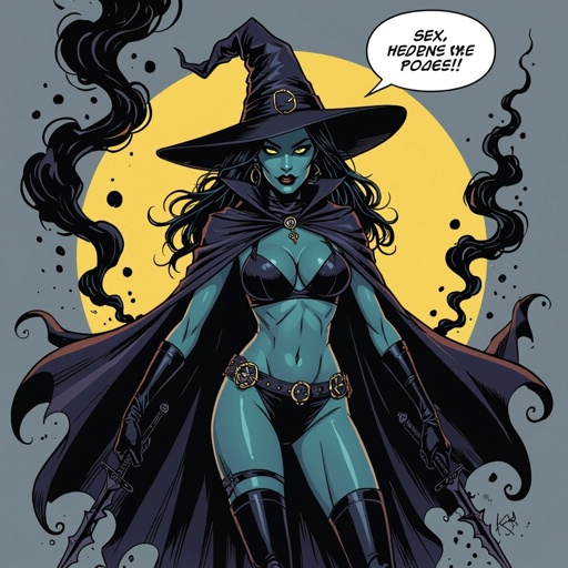 sexy shadow demon witch gypsy slate grey skin large black billowing cloak that emits darkness and shadow smoke. Two piece. Witches Hat.  Wields Black Evil Shadow Smoke Daggers