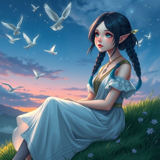 A young female with fair skin and vibrant teal eyes. Black hair with cyan tips in the form of two short braids. Wearing a goddess two-piece outfit (top and trousers) sitting on a hill watching pigeons fly from a very far distance