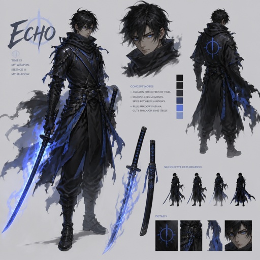 male assassin name echo, time power, light blue eyes, blue shadow katana