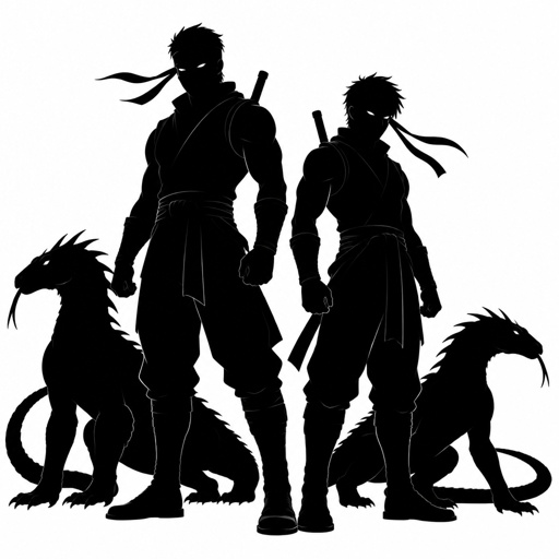 Two brothers, black dragons lizards , muscular in ninja outfits. They were created to help stop extinction.