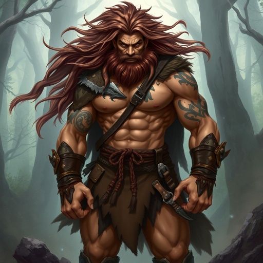 Male human Barbar, Wearing only lioncloth and Leatherboots, Hair Brown. Massive muscles 
