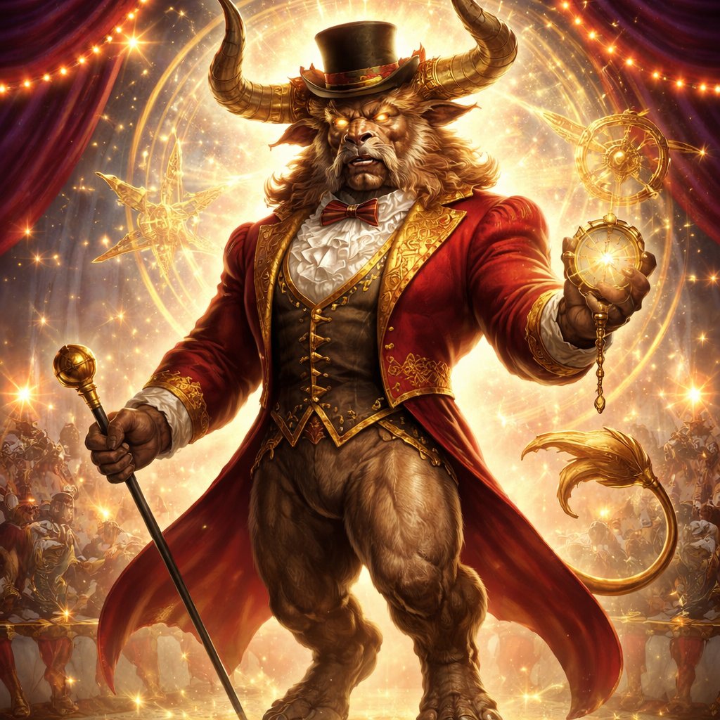 A light brown Steppe bull Minotaur with a well~proportioned figure that works at freak show as ringmaster. That has gifts/abilities like Reality Rejection, Time Manipulation (Chronokineses), Zoolingualism (Language of Cattle only), Human Speech.