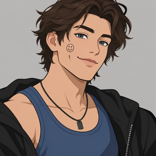 Male, neck length dark brown messy hair, no bangs, smiley face on cheek, dimples, grey eyes, eyebrow slit, blue tank top, black jacket, black necklace
