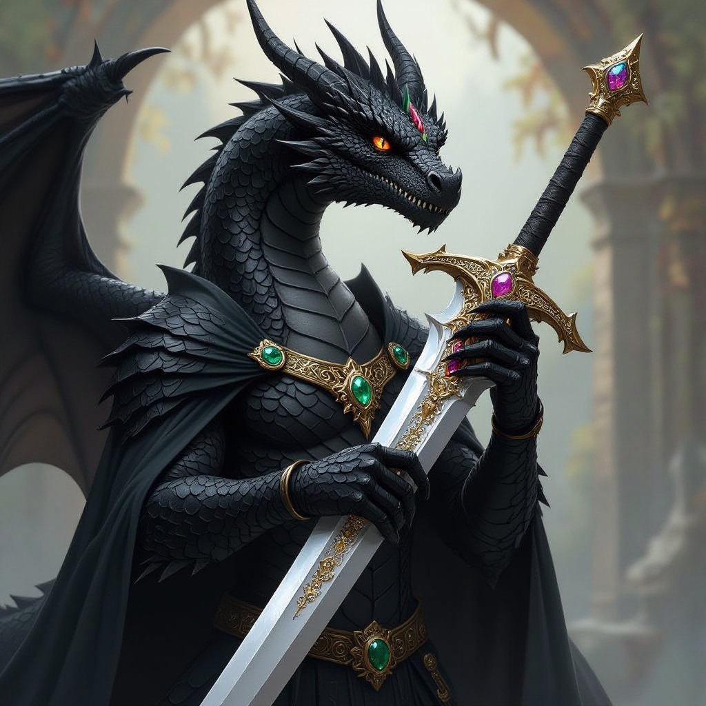 A black dragon with a 10 Billion dollar sword 
