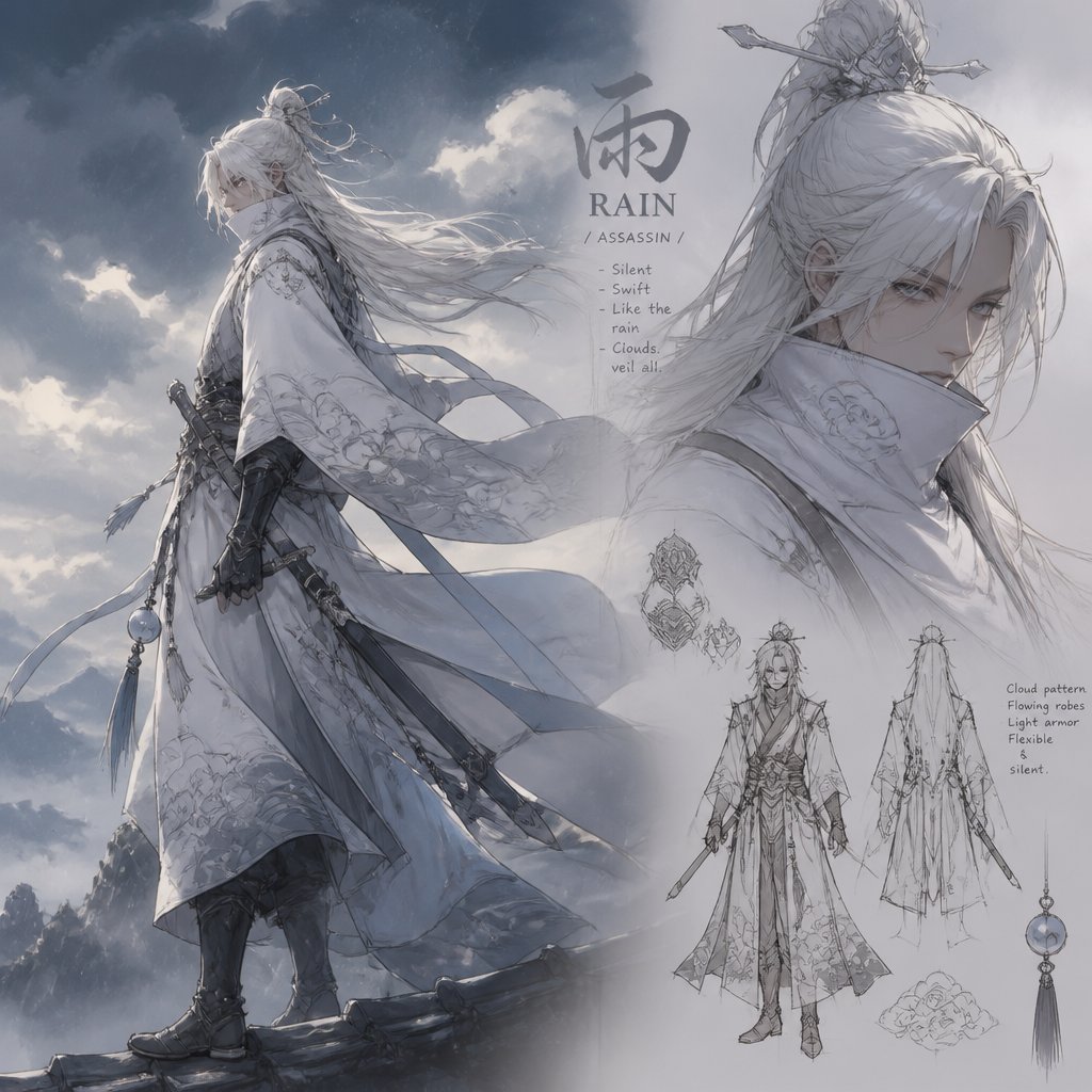 assassin based on clouds, name rain, pearl white hair