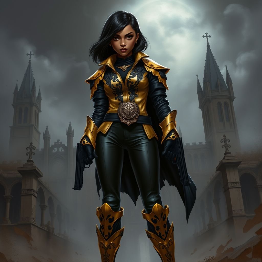 A teenage African American female with shoulder length hair  in a side part style wearing an armored gold leather jacket with black accents black leather pants and gold boots with a gun belt and two guns on her hips