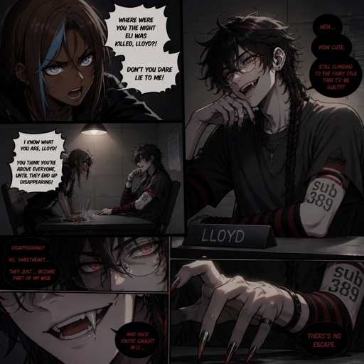 Anime style, Ruby she's dark skin with brown hair and light blue, streak, serious, intimidating, makes sure she gets all the answers she needs,very good at interrogating the suspect, is very loud, being calm is hard, loves tea.Anime white male, name Lloyd, hair messy long one loose braid, black hair with light red stripes, clean shaven,red eyes, long scary fingers spider fangs,glasses, sarcastic, cold, laugh mockingly, traumatized,was a unwillingly experiment many years before getting rescued, no memory of his past, has power of a spider, poisonous makes spider webs with his hands, can communicate and control spiders, on right arm a print says sub 389, doesn't remember anything from his past,very dangerous, being taken care of in a special agency.there all in the same room asking Lloyd questions,Lloyd is wearing casual clothes ,as a comic 