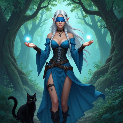 She is an Elvin wizard age 19. She is 5'6 and She has platinum hair that is long with some small braids with her hair flowing behind her .She had a blue blind fold covering her eyes. She has scars on her face and neck. She is wearing a blue dress to match the blind fold. The dress has two leg slits and is a corset she has flowy sleeves that cover her arms completely. Her left leg has a knife holder with a knife in it strapped to her leg. With her hand she is casting a small light ball. She has a large black cat by her feet. She is wearing boots to match the black corset. She is standing in the woods. The trees making an arch way behind her.
