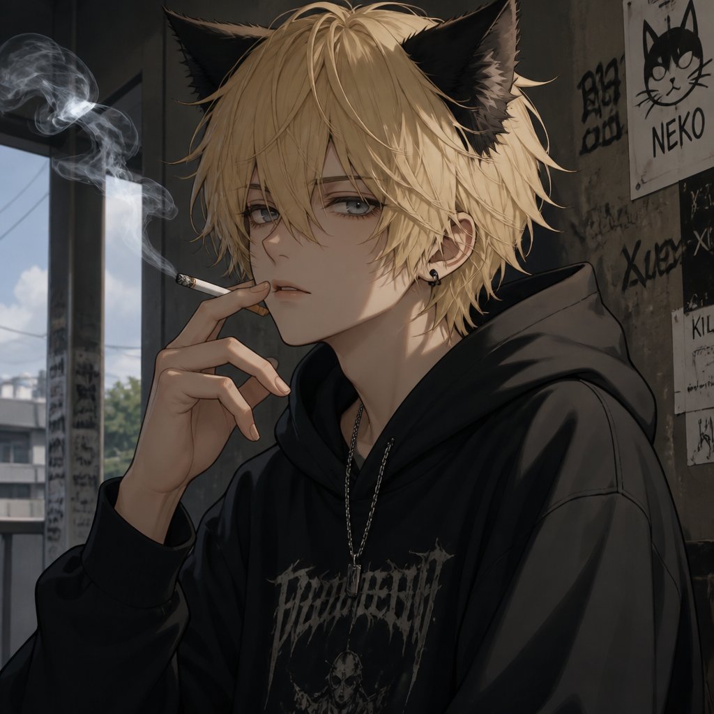 Young teen boy with cigarette and hoodie hood down holding cigarette in his mouth with two fingers and blond hair and black bushy cat ears leaning against wall with one leg up pressing bottom of his foot against wall with graffiti behind him