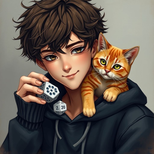 A guy with dark brown hair who holds epic looking dices normal size with 20 sides in one hand, he wears a black hoodie and he has 1 orange cat with pretty design at his shoulder, and has a small smile, his nails are not painted