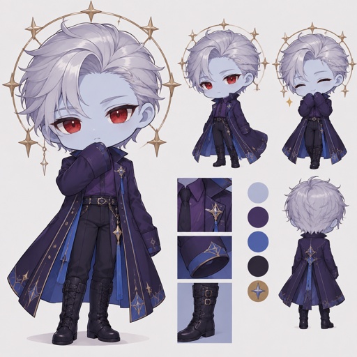 Male, short silver brushed back hair pointy, light blue skin, completely full red eyes, halo of gold stars surrounding head, purple long coat buttoned up, purple shirt and collar, shirt sleeves over palms, tall boots, black pants, blue details on clothes