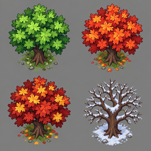 Maple tree for a modern fantasy game, in all the seasons, top down style, more realistic 
