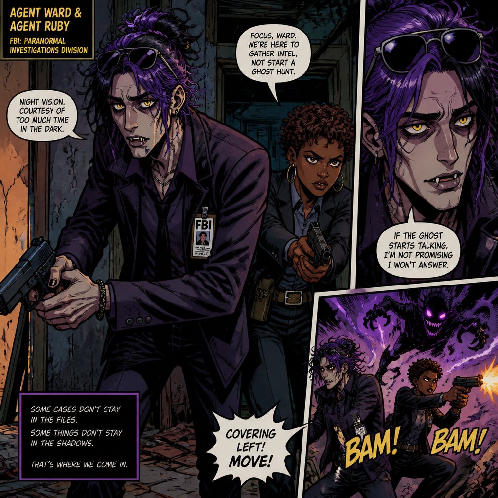 Anime style,Agent Ward,long messy hair in a messy loose up tied bun, violet hair black streaks,he’s made in a secret lab to be the best weapon and good at everything highly skilled in many things where the scientists are scared if he gets out of control,has to be kept in check by lab facility, they have an emergency back up incase he gets out of control,glowing yellow night vision eyes,sharp teeth,sunglasses on head,cares about his partner but doesn’t admit it,likes making jokes, can be reckless mischievous and dangerous,a little unhinged,extreme dark powers do to experimentation,best agent,late 20s,thin,tired,tall,migraines,sensitive to light,jokes,hates being told what to do,intimidating,laugh like a maniac .Partner Ruby she has brown hair a little above the neck curly,brown eyes, dark skin,serious,goes by the rules, gets annoyed by Ward but conceders him as a friend try’s telling him to sleep,doesn’t like his jokes during work,has been given a device to trigger a shut down on Ward in case he gets out of control but really hopes she never has to