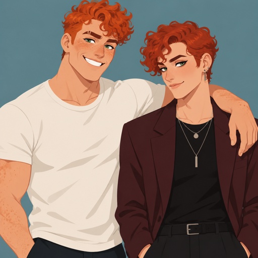 Twin brothers adults,orange and red curly hair,green eyes,light skin,one brother is taller and stronger with freckles, the other brother is thinner,no freckles,wears,the skinny one has a sly look his curly hair is more brushed,wearing mascara,earrings,nice jacket and two necklace,other brother is buffer curly hair,big grin,right eyebrow shaved in the middle,wearing a teeshirt 