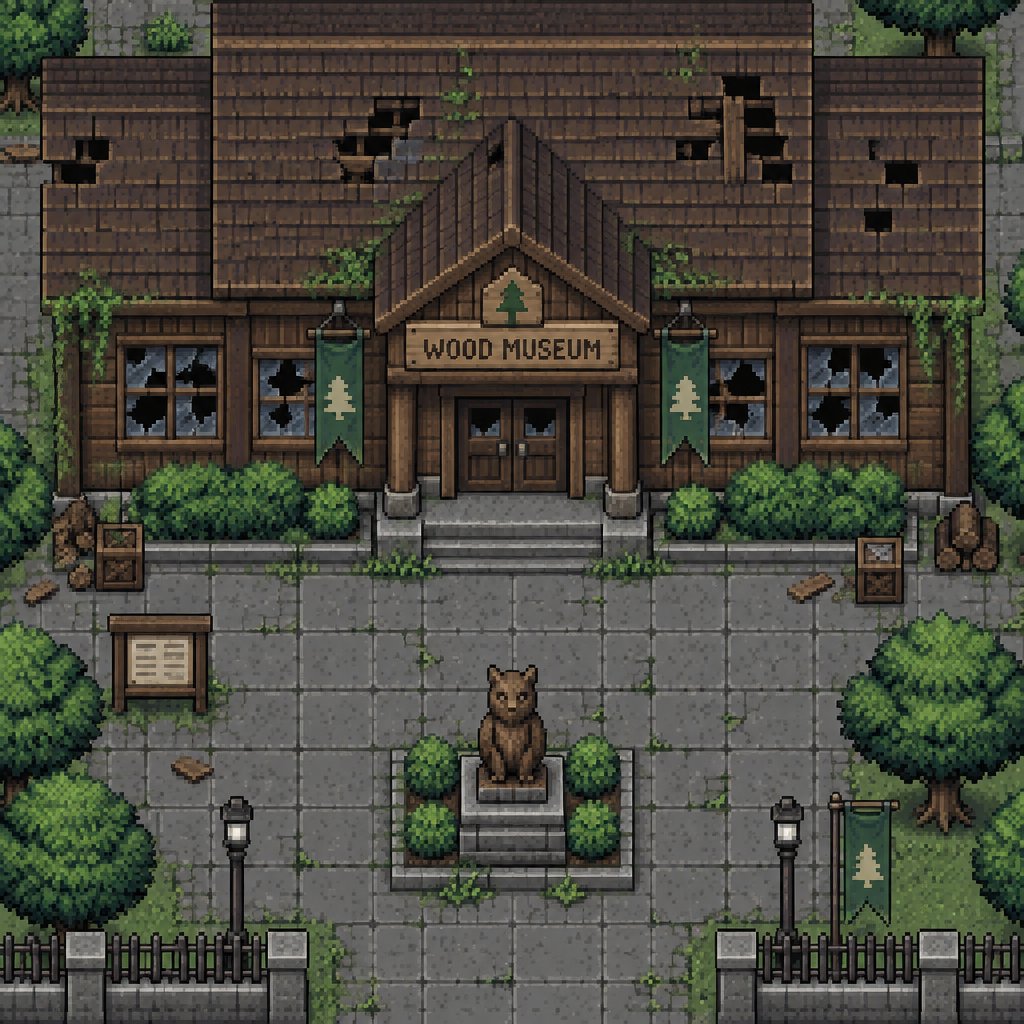 Old wood abandoned museum for a fantasy game set in modern times, exterior, top-down style,