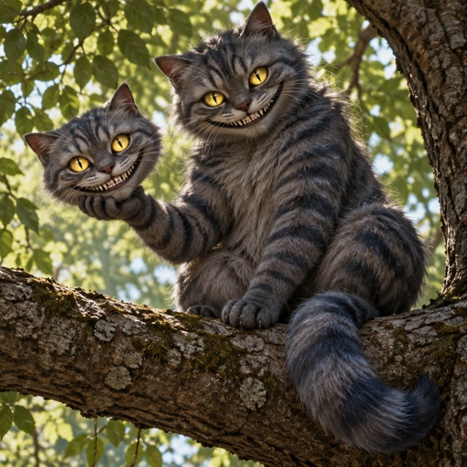 Cheshire head smiling with it in his hand and him on a branch of a tree 