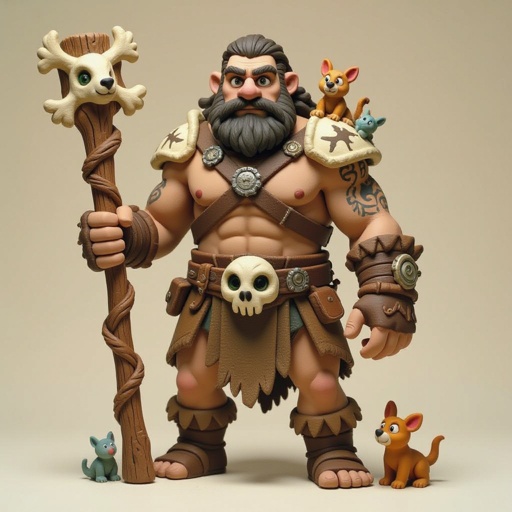 Kael the Beastbound – A rugged, broad-shouldered man with tanned skin and a rough beard, wearing armor made from bone and leather. deep green eyes tattoos of animal tracks spiral down his arms. He carries a massive wooden staff carved with the shapes of beasts, and small creatures often perch on his shoulders or follow at his feet.