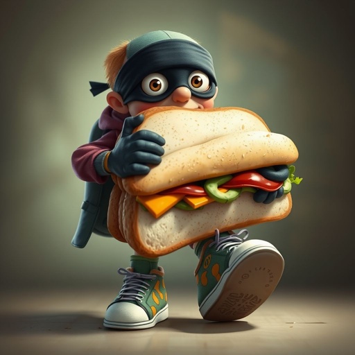 Create a funny looking clumsy sandwhich thief with funny shoes on. Make him have on the bandit black thing around his eyes 