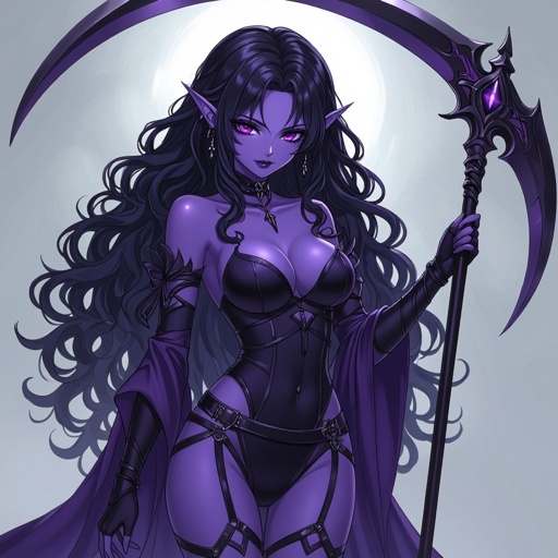 Tifling eldrich knight , purple skin with black eyes and long black curly hair , tall and caring a large scythe dressed as a stripper