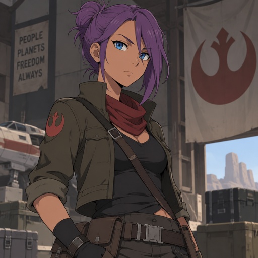 Female,medium hight ,pale,tan,blue eyes,vivid purple hair in a messy bun her front hair is swooped down in her right side,rebel clothe style 