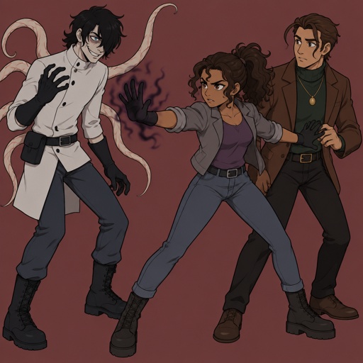 Male, black messy greasy hair, shoulder length hair in the back, long hair in the front covering one eye, blue eyes, eye bags, veins under eyes, pale tendrils coming out of back with veins, blue pants, boots, black rubber gloves, short scientist jacket buttoned up, belt with pouch, evil smile, Female, tan skin, brown eyes, pointy nose, curly ponytail, curl in the middle of her forehead, grey jacket rolled up sleeves, jeans, boots, purple shirt, death touch, Male, brushed back slightly messy brown hair, two hair strands in face, brown eyes, brown nice jacket, green turtleneck, gold necklace, black pants, nice shoes, girl is protecting the male with brown hair from the male with black hair 